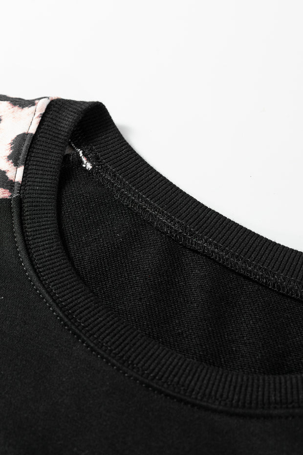Black Leopard Print Patchwork Varsity Raglan Sleeve Sweatshirt Dress