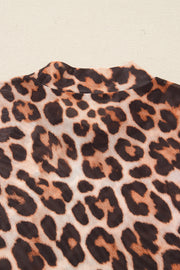 Brown Leopard Mock Neck Long Sleeve Mesh Top