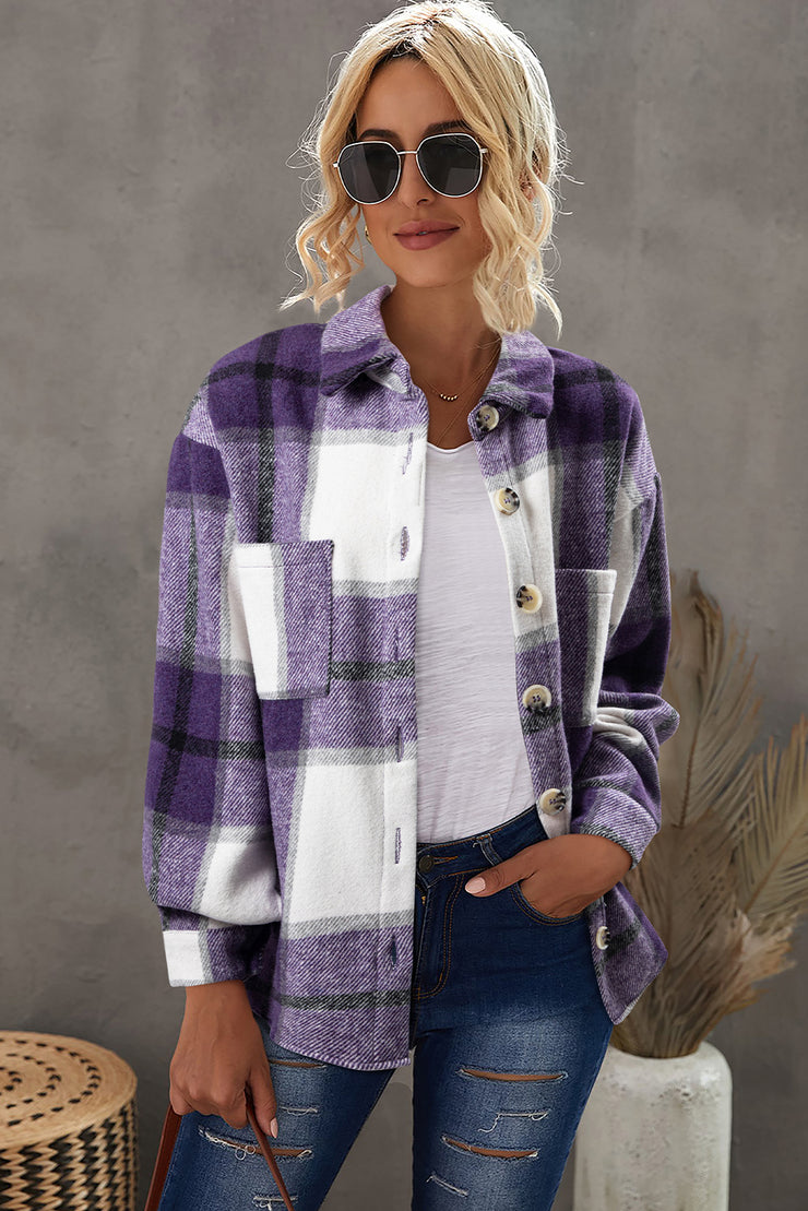 Purple Plaid Color Block Buttoned Long Sleeve Jacket with Pocket