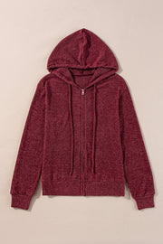 Red Dahlia Ribbed Zip Up Front Drawstring Hoodie