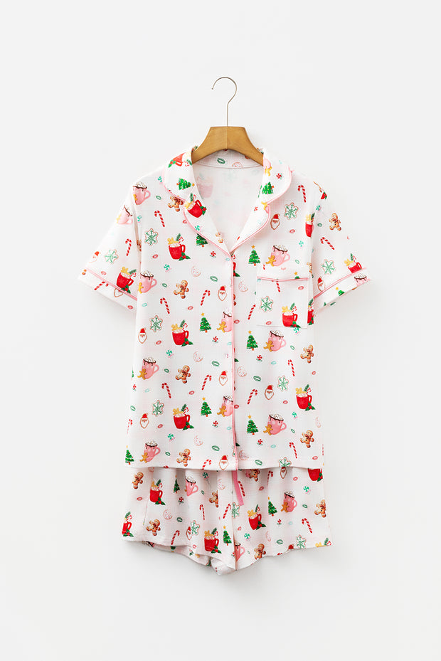 White Christmas Spirits Shirt Style 2pcs Short Pajama Set