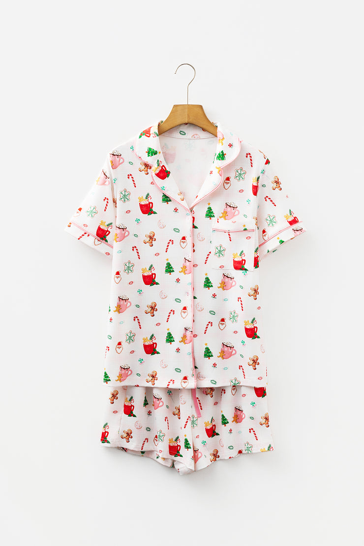 White Christmas Spirits Shirt Style 2pcs Short Pajama Set