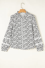 Black Printed Lace Detail Floral Puff Sleeve Fall Shirt