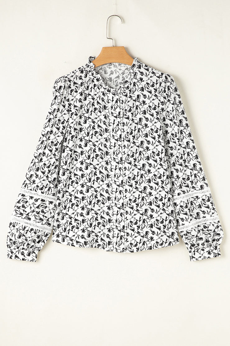 Black Printed Lace Detail Floral Puff Sleeve Fall Shirt