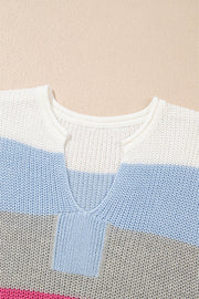 Light Blue Color Block Notch V Neck Sweater T Shirt