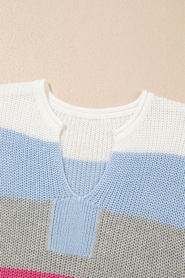 Light Blue Color Block Notch V Neck Sweater T Shirt