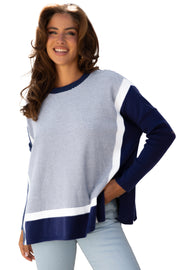 Blue Stripe Color Block Patchwork Dolman Oversize Tunic Sweater