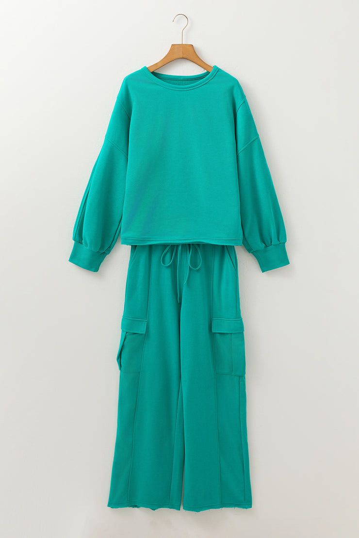 Solid Color Pullover Top and Cargo Pants Set