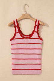 Rose Stripe Striped Scalloped Edge U Neck Sleeveless Sweater Vest
