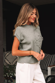 High Flower Pattern Ribbed Trim Short Sleeve Boxy Sweater