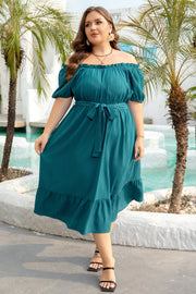 Skobeloff Frilled U Neck Puff Sleeve Belted Ruffle Hem Plus Size Midi Dress