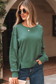 Evergreen Solid Color Raw Seam Patchwork Ribbed Drop Shoulder Sweatshirt