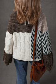Brown Color Block Patchwork Knotted Back Loose Fit Sweater