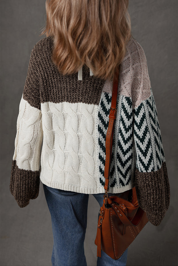 Brown Color Block Patchwork Knotted Back Loose Fit Sweater