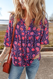 Purple Floral Half Sleeve Split Neck Blouse Top