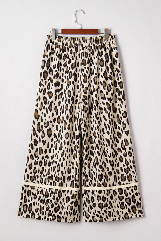 Khaki Leopard Wide Leg Cropped Pants