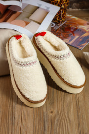 White Embroidered Sherpa Plush Thick Sole Winter Slippers