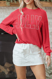 Racing Red Twisted Rib Outlined Merry Letter Graphic Loose Long Sleeve Top