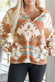 Khaki Quarter Zip Elastic Cuffs Aztec Sweatshirt