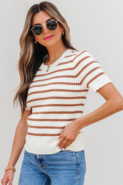 Khaki Stripe Scalloped Round Neck Short Sleeve Sweater