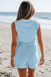 Beau Blue Ribbed Button V Neck Tank Top and Shorts Set