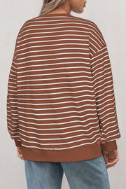 Coffee Striped Long Sleeve Round Neck Loose Top