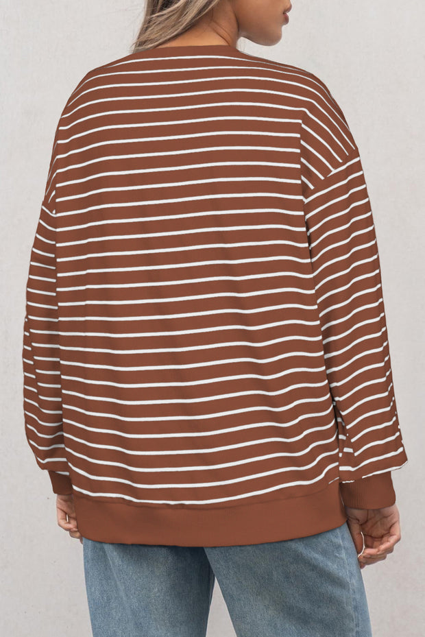 Coffee Striped Long Sleeve Round Neck Loose Top