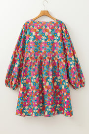 Sky Blue Plus Size Floral Print Shirred Ruffle Tiered Mini Dress