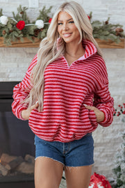 Pink Stripe Quarter Zip Fleece Oversize Sweatshirt