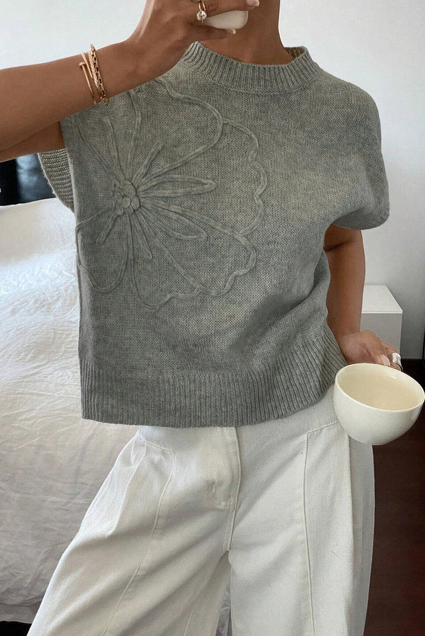 High Flower Pattern Ribbed Trim Short Sleeve Boxy Sweater