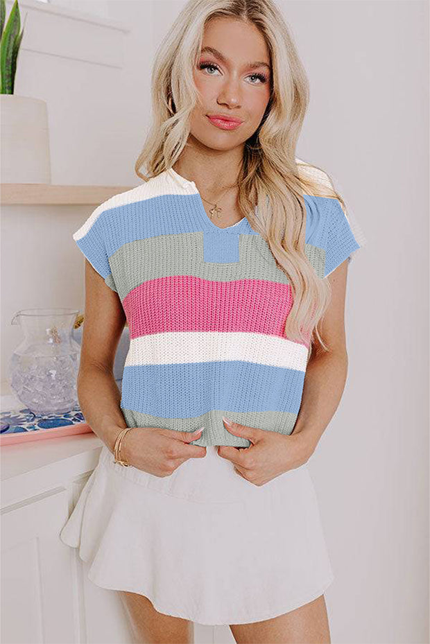Light Blue Color Block Notch V Neck Sweater T Shirt