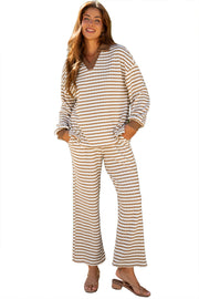 Khaki Stripe Collared Pullover Top and Drawstring Pant Set