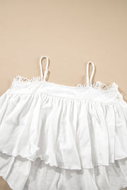 White Lace Splicing Spaghetti Straps Ruffle Flared Tank Top