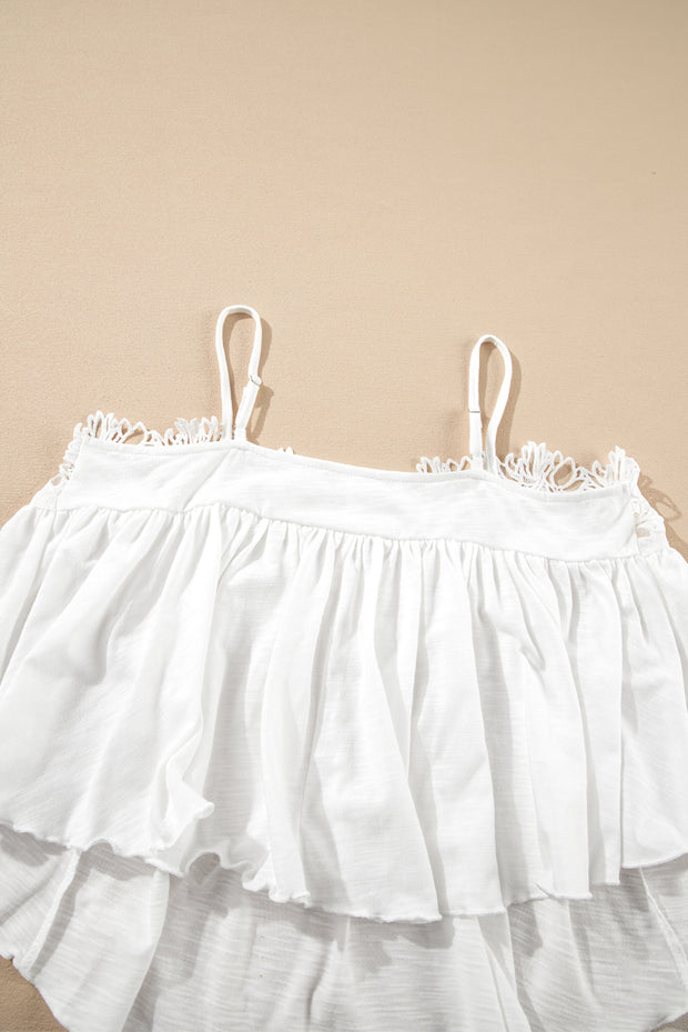 White Lace Splicing Spaghetti Straps Ruffle Flared Tank Top