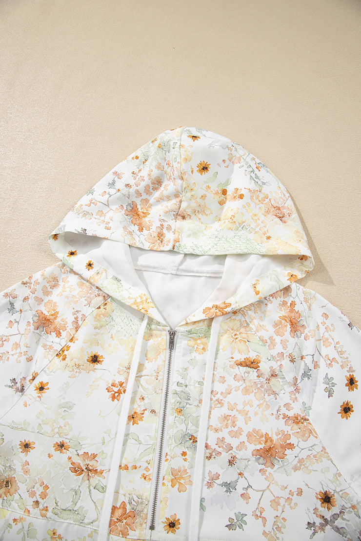 Yellow Floral Print Half Zip Hooded Long Sleeve Top