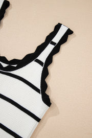 Black Striped Scalloped Edge U Neck Sleeveless Sweater Vest