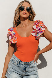 Orange Ribbed Knit Tiered Ruffled Sleeve Bodysuit