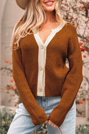 Chestnut Contrast Knit V Neckline Short Cardigan