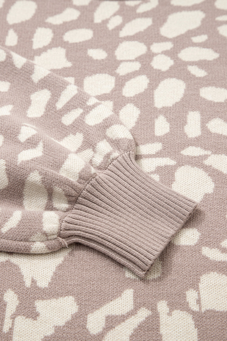 Gray Leopard Spots Pattern Ribbed Trim Drop Shoulder Sweater