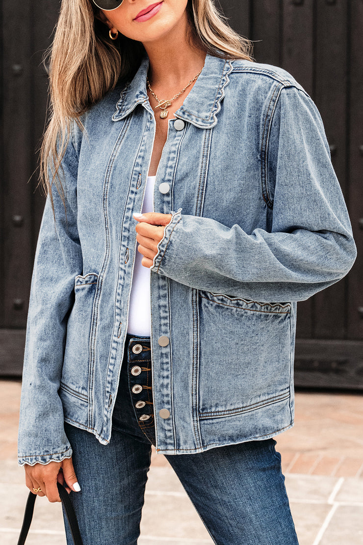 Myosotis Scallop Trim Collar Patched Pocket Button Up Denim Jacket