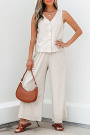 Apricot Buttoned V Neck Tank Top and Wide Leg Pants Casual Outfit