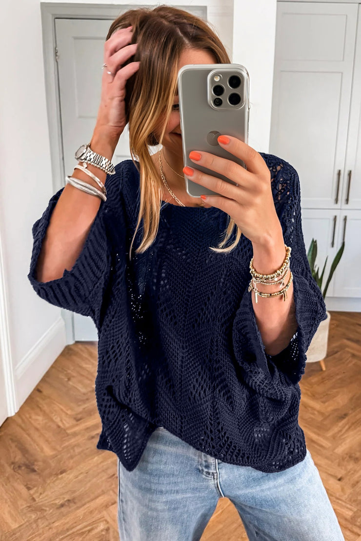 Navy Blue Hollow Out Knit 7/8 Sleeve Casual Sweater