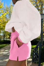 Strawberry Pink Color Block Pullover and Lace-up Elastic Waist Shorts Set