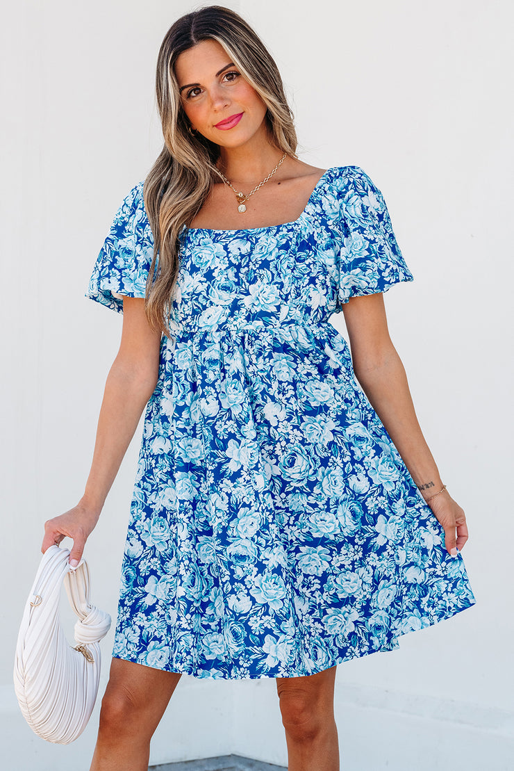Blue Floral Puff Sleeve Babydoll Mini Dress Blue Floral Puff Sleeve Babydoll Mini Dress