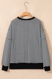Black Stripe Ribbed Trim Drop Shoulder Long Sleeve Oversize Top
