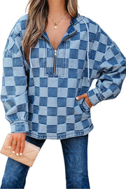 Sky Blue Checkerboard Zipped Neck Kangaroo Pocket Denim Hoodie