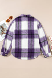 Purple Plaid Color Block Buttoned Long Sleeve Jacket with Pocket