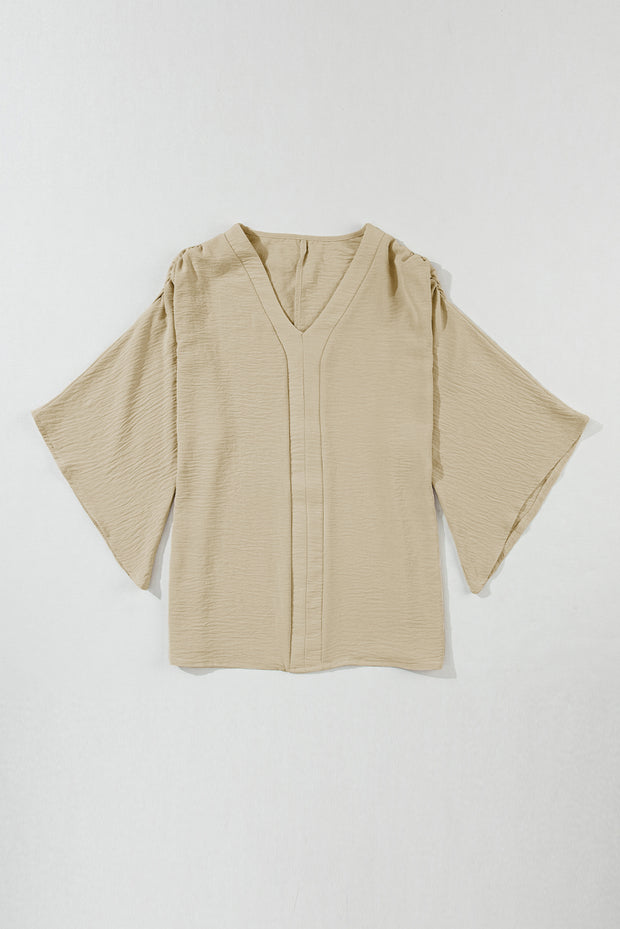 Parchment Solid V Neck Wide Sleeve Crinkled Blouse