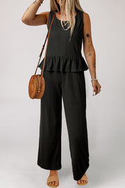 Black Solid Color Ribbed Ruffle Tank Top and Pants Set