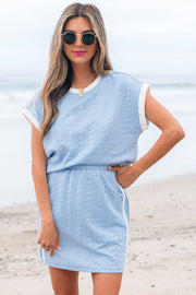 Beau Blue Contrast Trim Textured Crewneck Tee and Pocketed Skirt Set